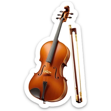 Create an elegant and refined emoji representing the Cremona cello with a Hans Klein HKCB bow. The design should feature the curved wooden body of the cello with a rich, glossy finish, capturing its classical shape and intricate details. The bow should be displayed with fine craftsmanship, highlighting the hair and the smooth, polished wooden stick. Include subtle musical notes floating around the instrument to emphasize its rich, melodic sound. Use deep wood tones like chestnut brown, gold accents for the fittings, and soft lighting effects to give the instrument a timeless, professional feel. The background should be transparent. sticker