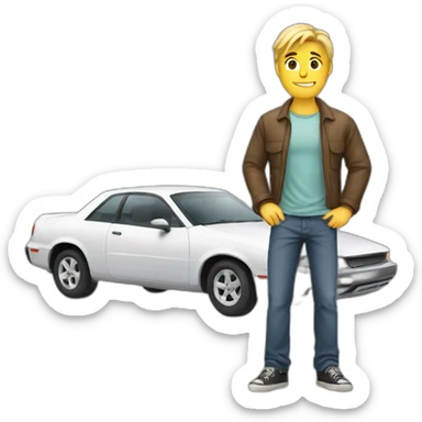 A blond guy stands next to a broken car sticker