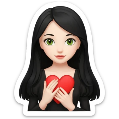 Pale girl with long black hair and olive green eyes soft smile wearing black dress and holding a heart sticker