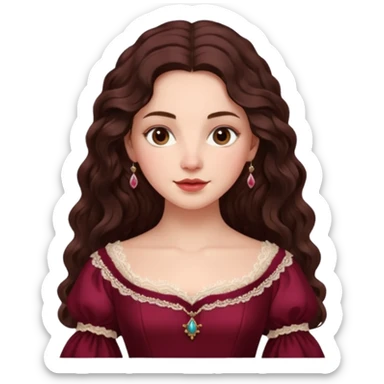 Renaissance lady – long dark brown wavy hair, burgundy gown with lace neckline sticker