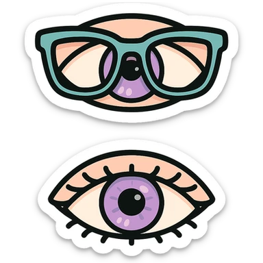 Two pairs of eyes with eyelashes on one canvas: one pair with glasses, the other without glasses. The shape and style of the eyes are anatomically realistic, almond-shaped, with detailed iris and eyelashes as in the reference. Maintain the icon-color-outlined style with vector look, shadows and highlights, thin clean contours, soft rounded features, pastel palette #98B5BC #B5B3C1 #C9A3C9 #E4C0CA #F7DCD1 #F7C0AA, Japanese pop-art, sticker style, transparent background. sticker
