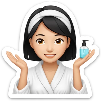 A black-haired East Asian woman smiling with a satisfied, relaxed expression. She is wearing a bathrobe, in the middle of her skincare routine, and her skin looks radiant. sticker