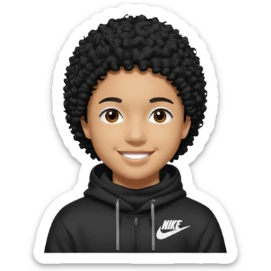 Blasian teenager wearing a hoodie with black curly hair and nike ski mask sticker