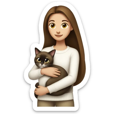 a girl with long brown hair, in a white sweater, hugs a Siamese cat. sticker
