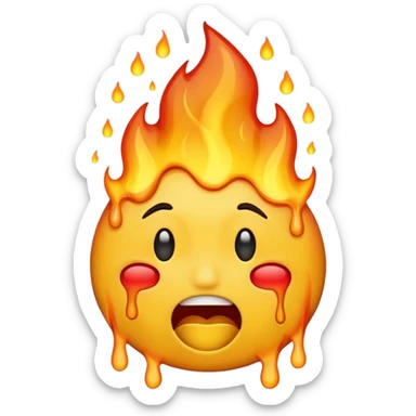 Generate an emoji that is on fire, with a synical laugh, but also crying and melting at the same time with a sad mouth.  sticker