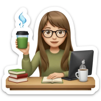 a designer with light skin long brown hair bangs waving, stack of books, coffee cup on top, water bottle, computer, matcha  sticker