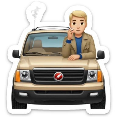 a hansome Leaning on the hood of his SUV with a cigarette sticker