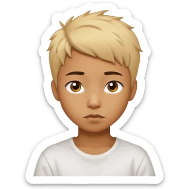 caramel skin color. Teen age. Short buzz, messy blonde hair, large expressive golden-brown eyes, brown skin color, scar over nose, wearing a plain white t-shirt. sticker