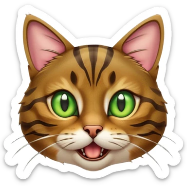 Cinematic Comical Brown Tabby Cat Portrait Emoji, Head tilted dramatically with an exaggeratedly shocked or offended expression, rich brown fur with bold dark tabby stripes, wide piercing golden-green eyes filled with exaggerated disbelief, Simplified yet hilariously expressive features, highly detailed, glowing with a slightly sassy glow, high shine, dramatic yet playful, stylized with an air of attitude, bright and endearing, soft glowing outline, capturing the essence of a sassy and over-the-top feline, so meme-worthy it feels like it could side-eye its way into internet fame instantly! sticker