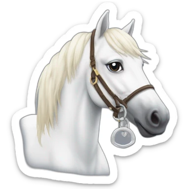 White stallion mustang wearing a key around the neck only necklace no mouth strap showing neck no lock sticker