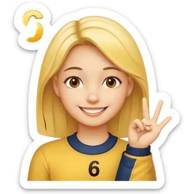 yellow smiling face girl with one hand flat under chin. With the number 6 on the left hand and the number 7 on the right hand sticker