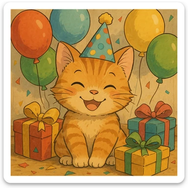 ginger tabby kitten wearing a birthday hat, surrounded by balloons and gifts, smiling, ghibli style birthday scene sticker