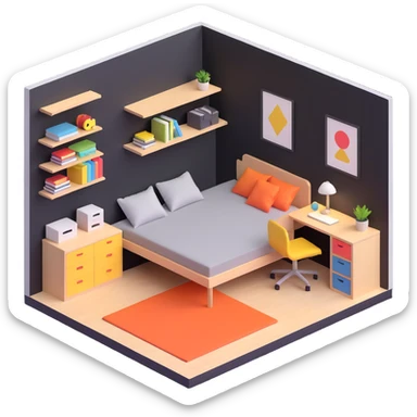 3D layout of teen bedroom with bed against wall, corner desk, and storage units sticker