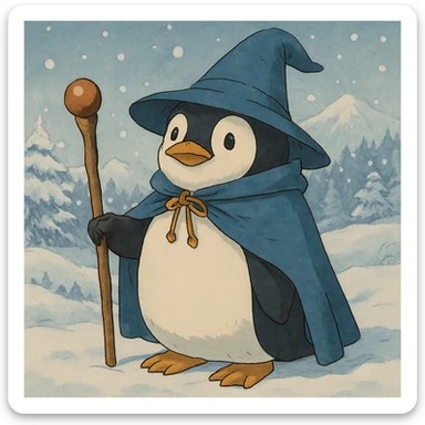 Add a snowy landscape background behind the penguin wizard, keep all original colours and lighting sticker