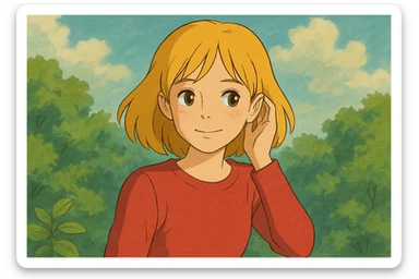 A girl yellow hair brown eyes red Just Cool Women's Long Sleeve Cool T-Shirt touching  to the ear sticker