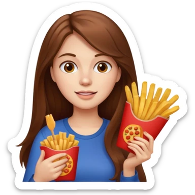 lean female with long hair holding fries and eating pizza sticker