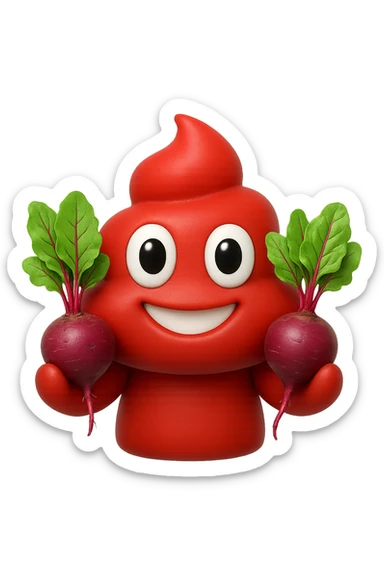 emoji stile iphone 3d di una cacca rossa con barbabietole in mano, iperrealistiche 4k sticker