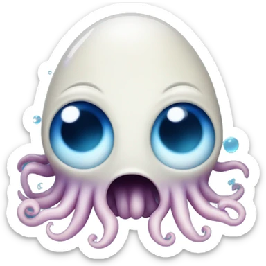 An oblong floating squid in dark blue gradient with happy eyes, a slight violet tint on te end of the tenacles, with bubbles floating around, without mouth, with back eyes surrounded by blue sticker