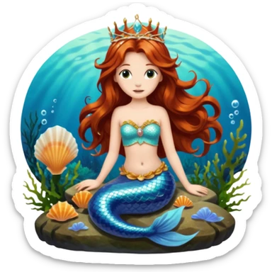 Mermaid with Shell Crown – Long flowing hair, shell tiar, sitting on rock sticker