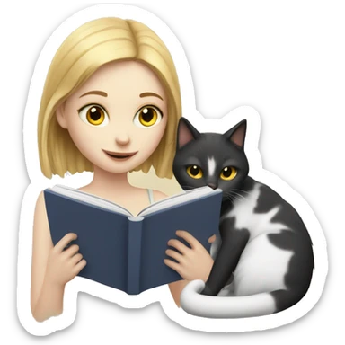 a pale skinned girl reading a book and a cat sticker
