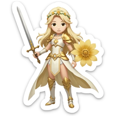 Lumine (from Genshin Impact) White and golden clothes, blonde, long-haired, with a big flower on side of head and with a sword (full body) sticker