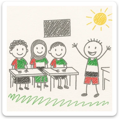 group of diverse children in a classroom, one child enthusiastically participating, all wearing elements inspired by the UAE flag colors, playful and kid-friendly illustration sticker