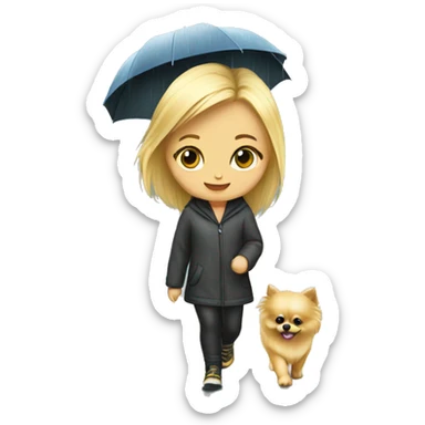Blonde girl walking pomeranian under the rain sticker