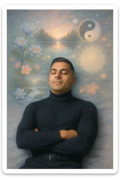Un uomo sdraiato su un letto o una superficie fluttuante, con un'espressione serena e gli occhi chiusi. Attorno a lui, proiettate dalla sua mente, si materializzano immagini vivide di benessere e armonia: sticker