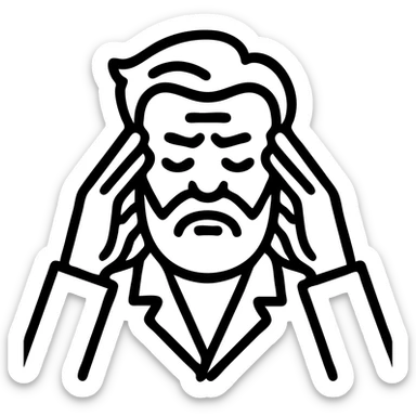 Make the agitated bearded man look older with wrinkles and gray hair. Keep eyes closed and massaging temples. Remove background. sticker