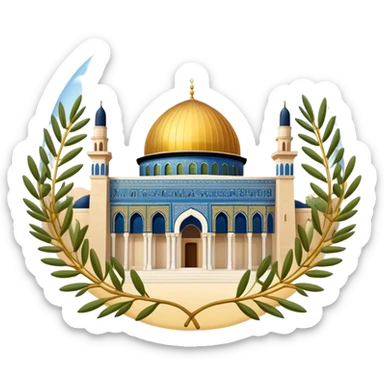 "A circular emoji-style icon of Al-Aqsa Mosque with golden dome, surrounded by olive branches, minimalist flat design, transparent background, happy style"
 sticker