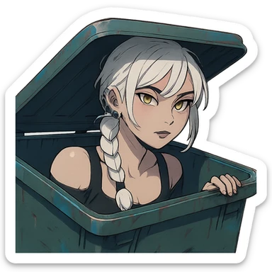 she is poking out from a garbage dumpster, a closeup portrait of young woman with gold yellow eyes, white hair, long braid, black off-shoulder top d-cup, punk gothic style, futuristic cyberwave cyberpunk, sticker