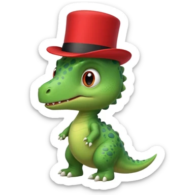 A side view of a very cute and adorable green anthropomorphic baby dinosaur with a red top hat sticker