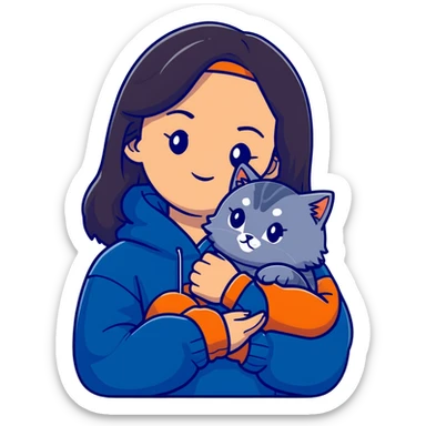 Brunette girl with dark blue sweatshirt snuggling a fluffy grey Siberian cat sticker
