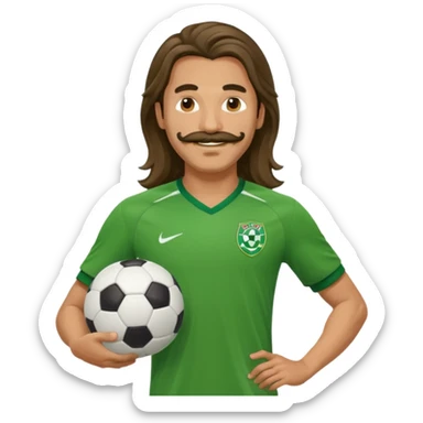 long hair man soccer player green jersey with mustache holding soccer ball sticker