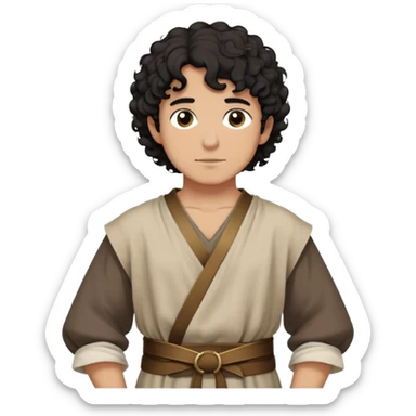 medieval outfit worn by a DnD themed fantasy character. basic loose linen tunic with a sash tied around the waist. clothes only above the waist. The clothes full waist. The character's haven't arms. character is short curly black hair dark brown eyes tan-skinned man. sticker
