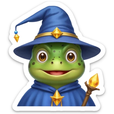 create a peepo the frog emoji that is a wizard like this one called zabuzard but kabukard instead give it a wizard hat and a blue shirt like always give it a good smile sticker