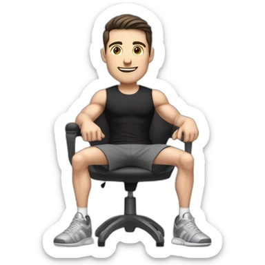 Pale skinned Fit Man With the biceps and dark brown hair in black shirt, gray sports shorts and white Sneakers Sitting on a chair sticker