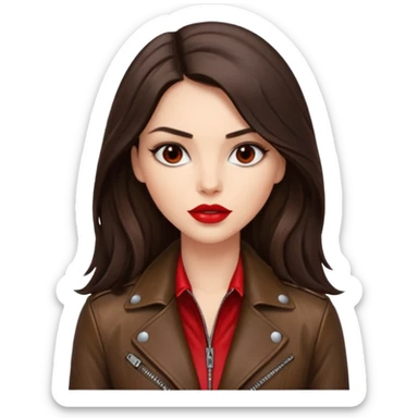 brunette with long hair in cuir jacket with red lips and very dark brown eyes sticker