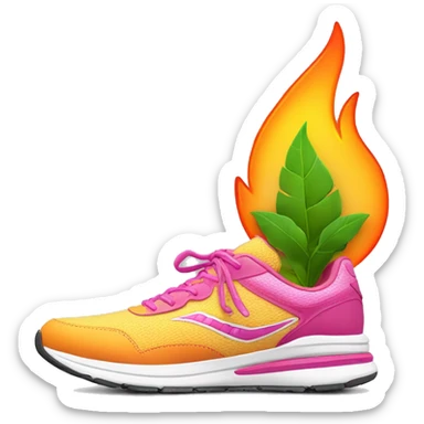 running shoe with pink laces that transform into plant leaves at the tips also behind the running shoe there are orange yellow flames as if the shoe is running with fire behind it sticker