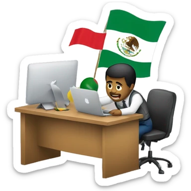 men working on a desk with a macbook  and the mexican and brasil flags on the background  sticker