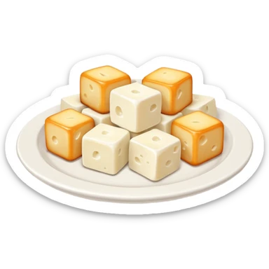 feta cheese cubes object icon, white cheese pieces on a small plate, 3D cartoon, mobile game icon style, clean background, no text, no watermark
 sticker