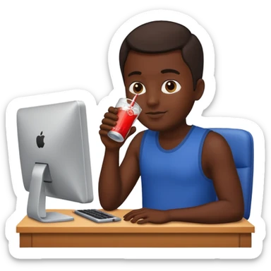 Hombre tomando un refresco frente a un ordenador sticker