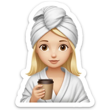 Chica con café en la mano rubia con toalla puesta en la cabeza y el cuerpo sticker