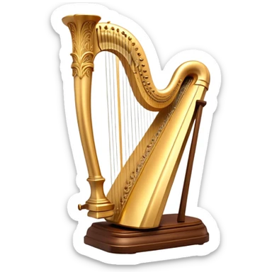 Cinematic Realistic Harp, a grand golden harp with intricately carved details, delicate strings shimmering under soft candlelight, rich wood tones adding warmth, a musician’s gentle fingers plucking a note, glowing with an ethereal and majestic aura. sticker