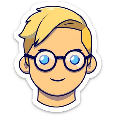Man with blonde ponytail, round glasses and blue eye sticker
