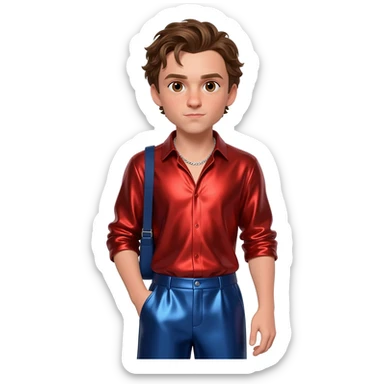 Tom Holland with brown eyes, brown hair, red metallic shirt, indigo metallic baggy pants, silver necklace sticker