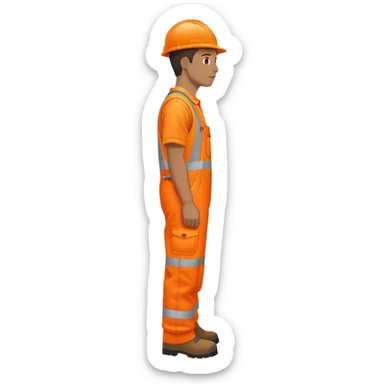 man standing sideways, wearing orange hi visibility overalls,  sticker
