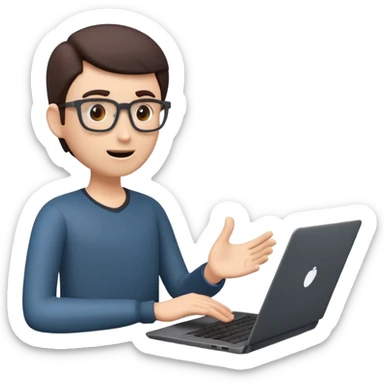 A dark-colored laptop with the screen open. From the screen, a person is emerging, giving a lecture or teaching. The person should look expressive and in a teaching pose. Soft shadows, semi-3D emoji style, clean background. Online course sticker