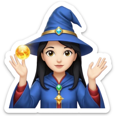 female wizard with black hair under a wizards hat with both hands palm up sticker