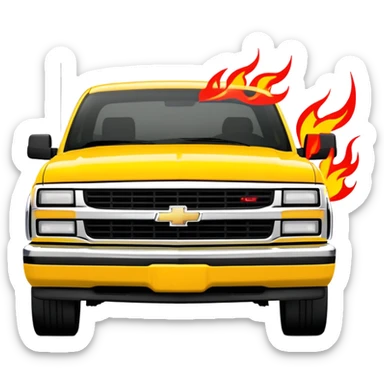 Minimalist yellow 1997 Chevrolet C-2500 Crew Cab Silverado with red flame decals across the hood front, 30-degree view, exact Kill Bill movie design, iOS emoji style sticker